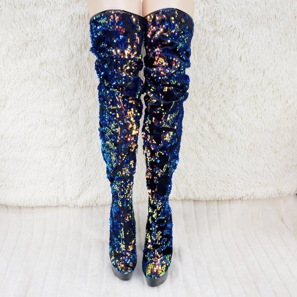 Blue Iridescent Sequin Thigh High 6" Heel Slouch Boots RESTOCKED 3004 - Picture 10 of 14